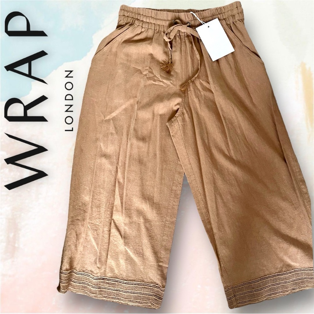 📌SOLD📌 NWT Wrap London Size 10 Tan Linen Viscose Culottes Capri Palazzo Pants